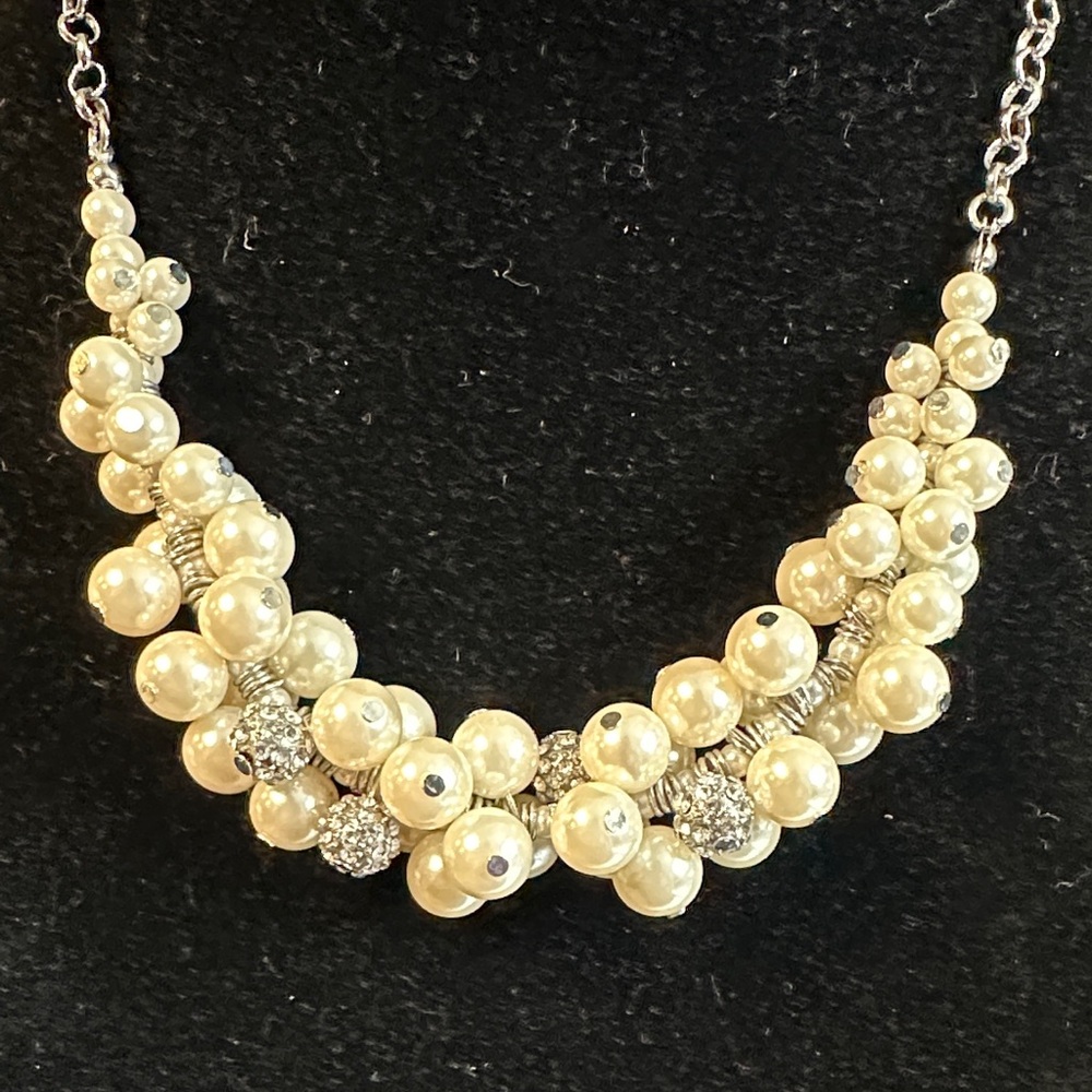 Pearl - 16” faux cluster Pearls and Silver Necklace with rhinestone beads #245